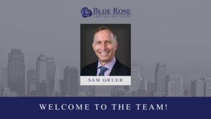 Blue Rose welcome graphic with city background