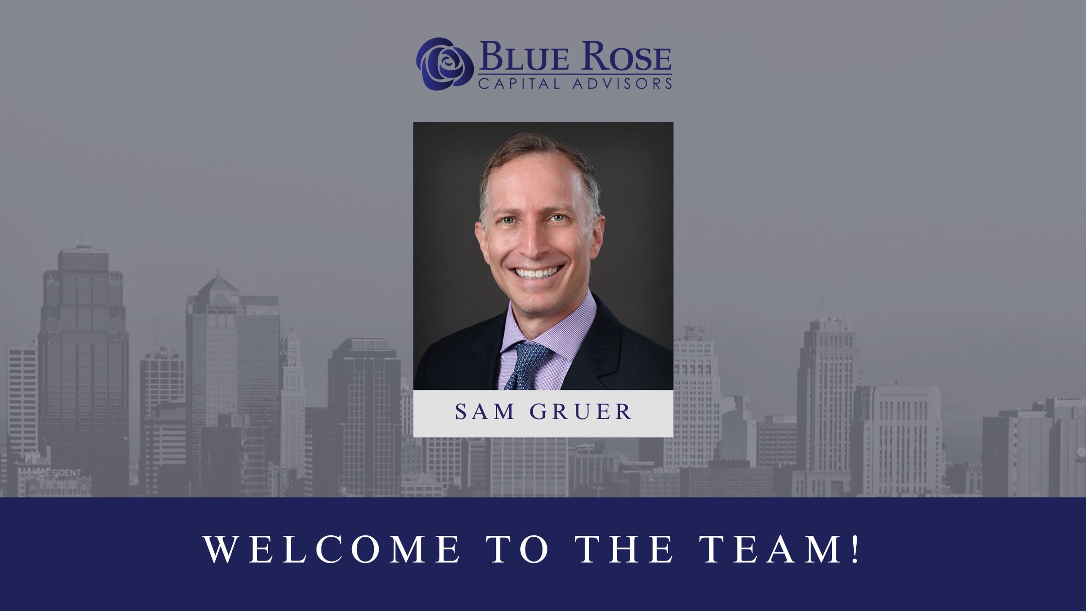 Blue Rose welcome graphic with city background